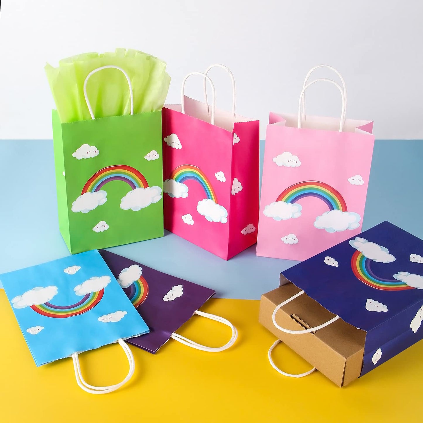 BLEWINDZ 32 Pcs Rainbow Goodie Bags with 32 Tissues - 8.7" Small Gift Bags with Handles for Kids Birthday Party Favors, Baby Showers and Party Supplies