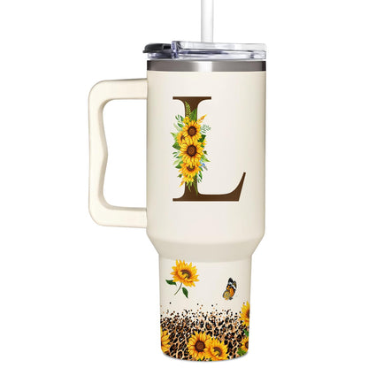 Personalized Birthday Gifts For Women - Sunflowers Monogrammed Cup For Boss Day, Christmas - Customized Gifts For Women, Mom, Wife, Coworkers, Boss Lady, Her - Custom Tumbler With Handle 40oz