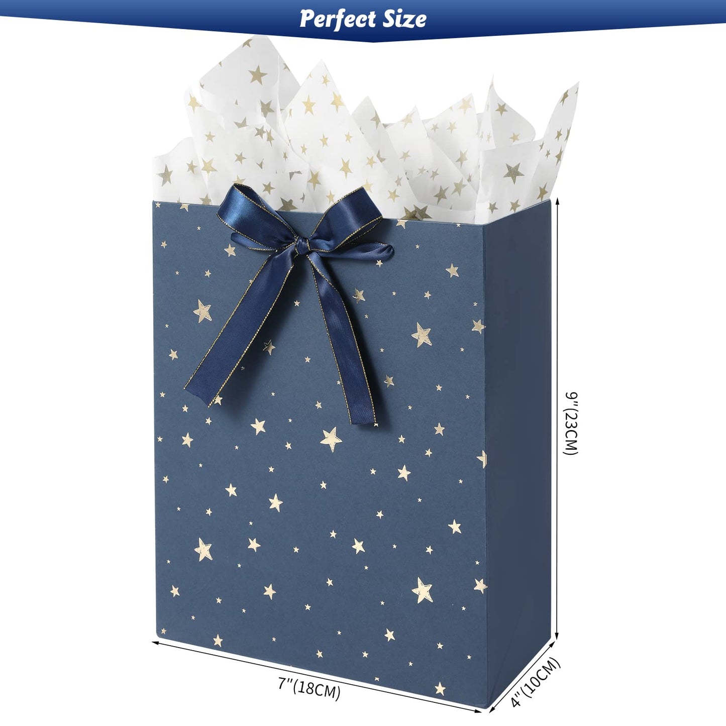 KomoLeay 4 Pack 9" Medium Size Gift Bags Assorted Premium Blue Gift Bags with Tissue Paper Use for Birthdays, Baby Shower,weddings,Party Favor, Holiday Presents-7" X 4" X 9"