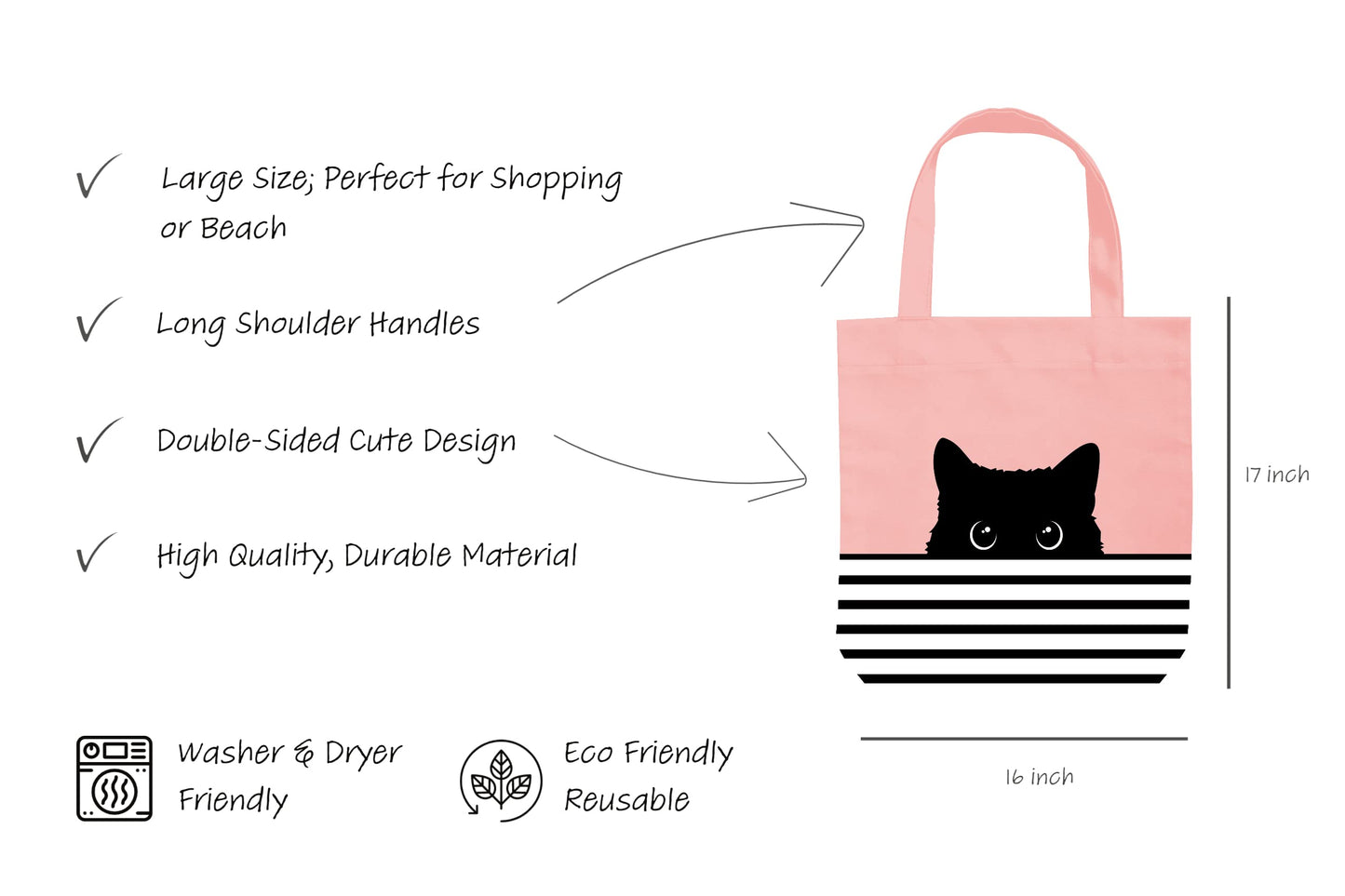 Cat Lover's Tote Bag - Large Pink Tote with Black Cat Design - Reusable Shopping Bag for Women - Hello Kitty Gift