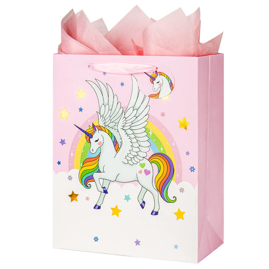 Laidans 13" Large Unicorns Gift Bag for Girls and Kids Birthday Baby Shower with Tissue Paper 1-Pack