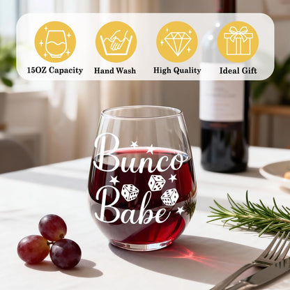 Bunco Babe Funny Stemless Wine Glass for Women, Bunco Party Supplies, Dice Game Night Group Gifts for Women Men Players Sisters Friends, Birthday Christmas Bachelor Gifts for Game Lover Coworker