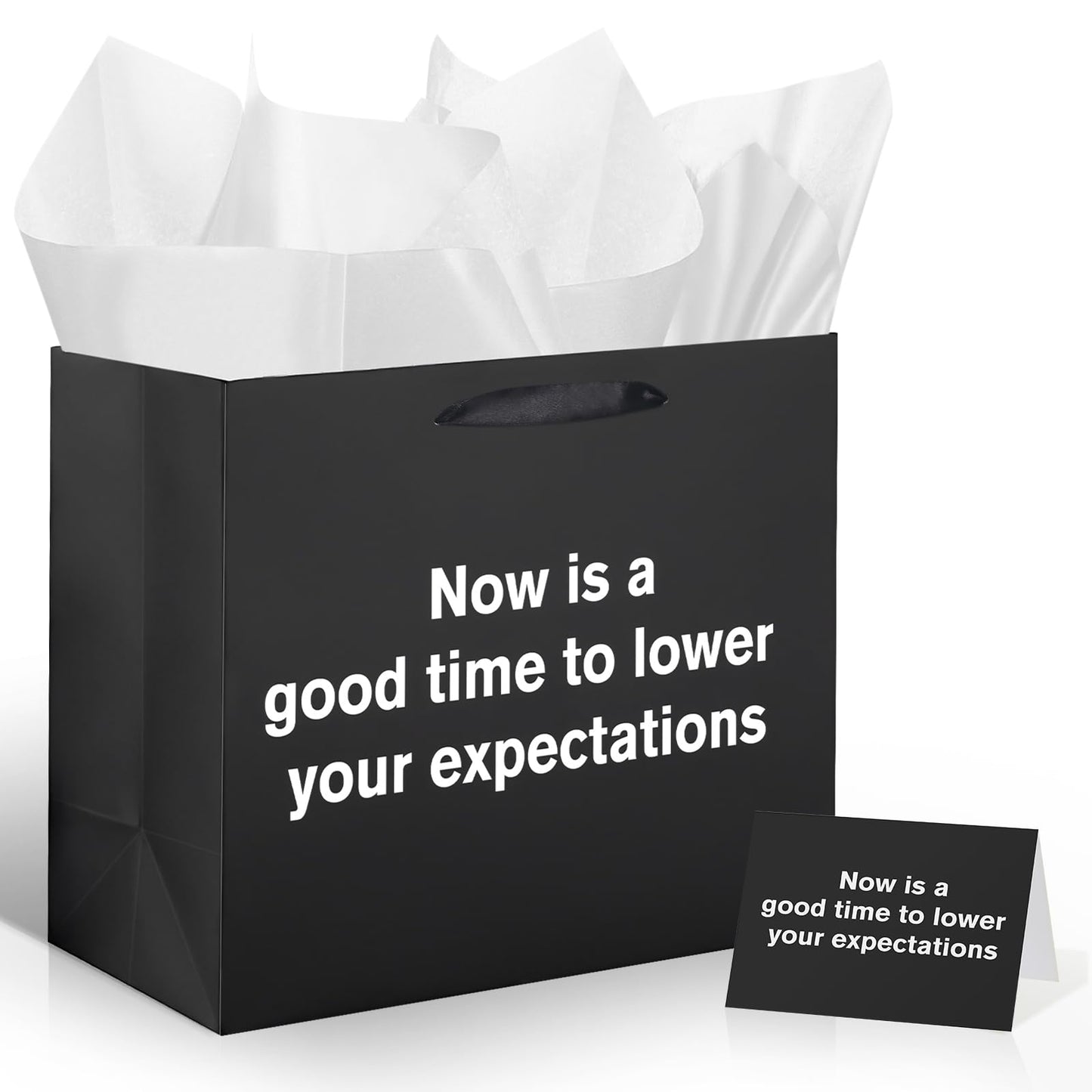 Funny Gift Bag To Lower Your Expectations Black Gag Gift Bags with Tissue Paper and Greeting Card Inappropriate Snarky Funny Birthday Gift Wrapping Paper for Office Coworker Best Friend Men Women