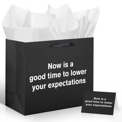 Funny Gift Bag To Lower Your Expectations Black Gag Gift Bags with Tissue Paper and Greeting Card Inappropriate Snarky Funny Birthday Gift Wrapping Paper for Office Coworker Best Friend Men Women