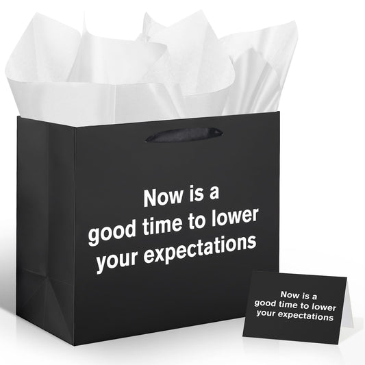 Funny Gift Bag To Lower Your Expectations Black Gag Gift Bags with Tissue Paper and Greeting Card Inappropriate Snarky Funny Birthday Gift Wrapping Paper for Office Coworker Best Friend Men Women
