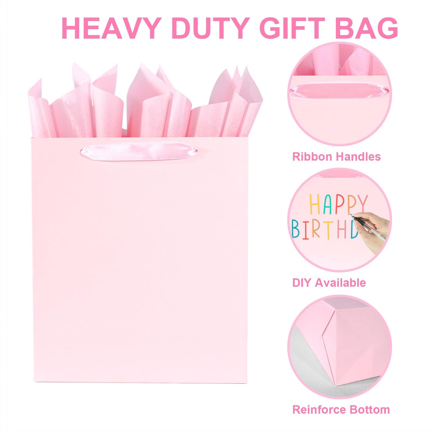 Elegant Pink Gift Bag 10.2"x4.7"x12.2" with Ribbon Handles, Includes Card and Tissue Papers, Perfect for Birthdays, Weddings, Parties, Holidays, Baby Shower
