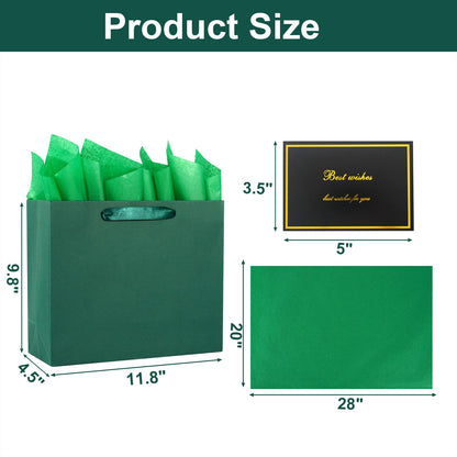 Elegant Green Gift Bag 11.8"x4.5"x9.8" with Ribbon Handles, Includes Card and Tissue Papers, Perfect for Birthdays, Weddings, Parties, Holidays, Baby Shower