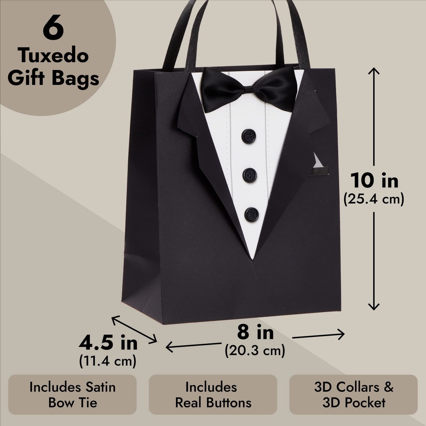 Sparkle and Bash Groomsmen Gift Bags With 3D Tuxedo Design, Satin Bow Tie & Real Buttons - Black, 6 Pack, 8 x 4.5 x 10 In - Wedding & Bachelor Party - Tuxedo Gift Bags for Men