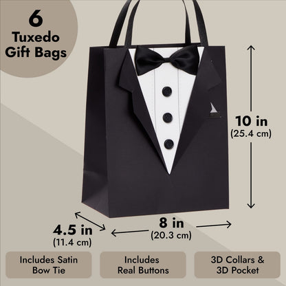 Sparkle and Bash Groomsmen Gift Bags With 3D Tuxedo Design, Satin Bow Tie & Real Buttons - Black, 6 Pack, 8 x 4.5 x 10 In - Wedding & Bachelor Party - Tuxedo Gift Bags for Men