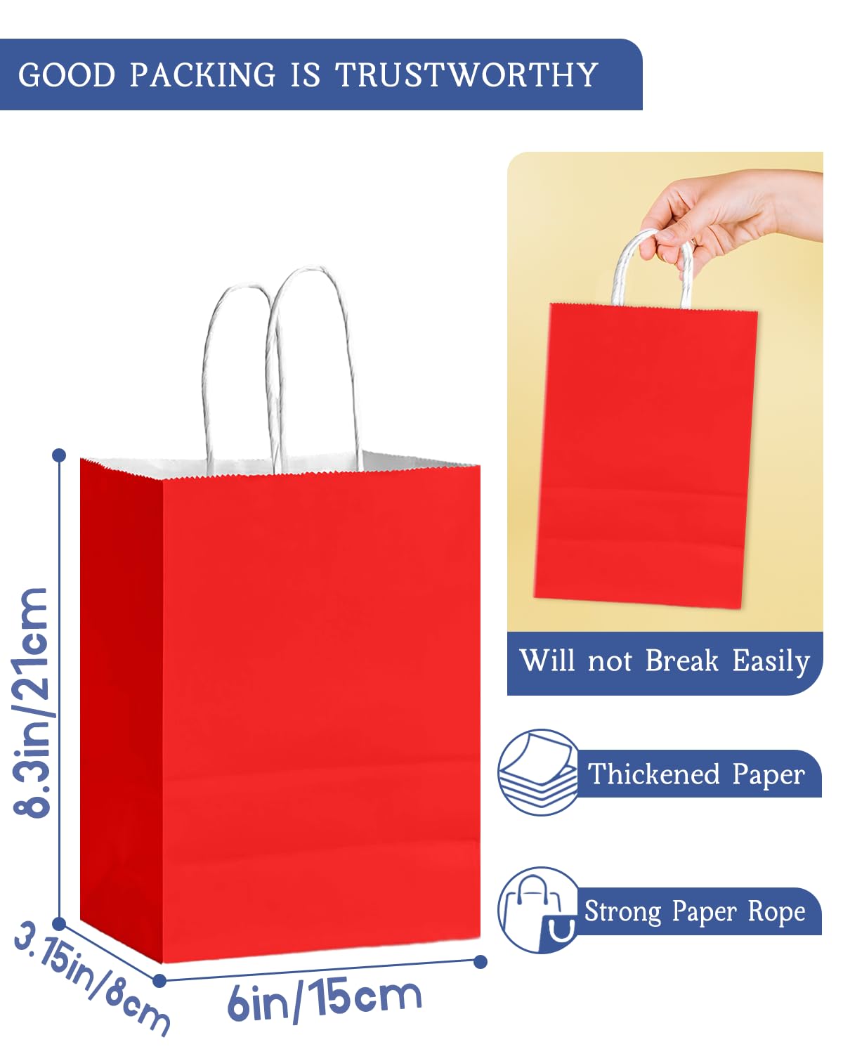 Bakepacker 24Pcs Paper Gift Bag with Handles Bulk Red Paper Bags Multiple Uses (8.3"x6"x3.15", Small Size)