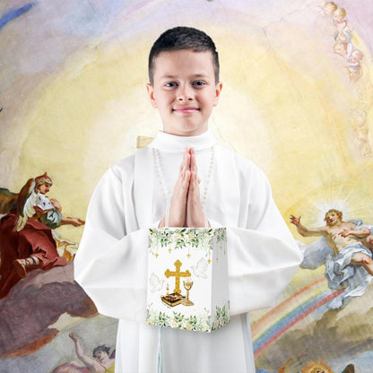 AIBIIN 24PCS Baptism Gift Bags with Handles Greenery Christening First Holy Communion Party Favors Mi Primera Comunion God Bless Goodie Treat Candy Paper Bags Party Decorations Supplies