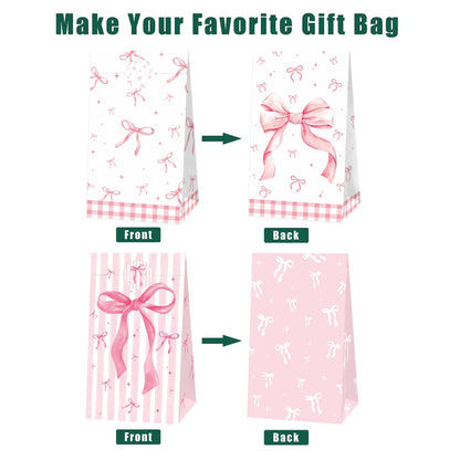 24 Pcs Pink Bow Party Paper Gifts Bags Girl Bow Birthday Party Treat Bags, Coquette Birthday Goodie Candy Bags for Bow Bridal Hot Pink Bachelorette Party Supplies(24-Bow-Bags)