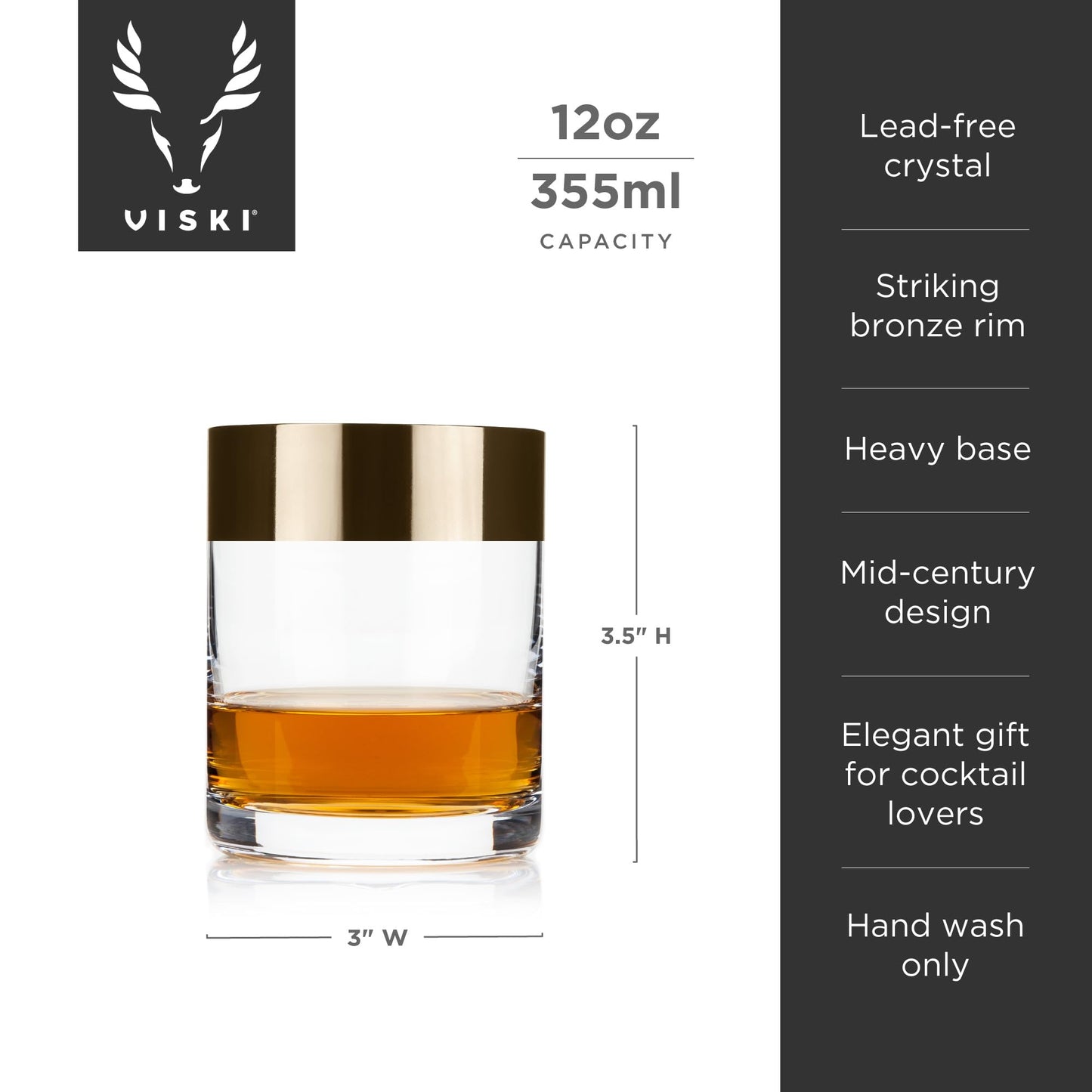 Viski Irving Bronze Rim Crystal Lowball Tumblers Set of 2 - Premium Crystal Clear Cocktail Glass Bronze Rimmed Glassware, Stylish Lowball Whiskey Glass Gift Set, 12 oz
