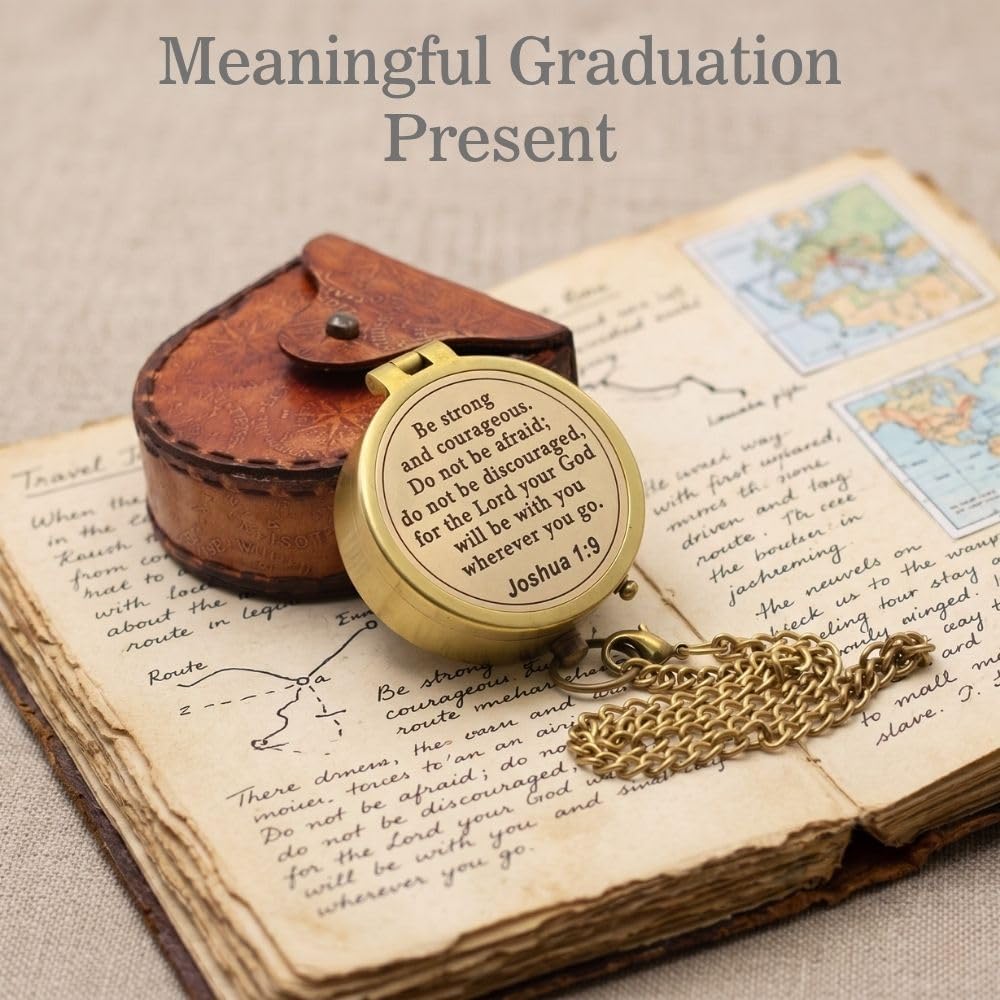 Compass – Brass Directional Vintage Compass Engraved with “Be Strong and Courageous” Joshua 1:9 Bible Verse, Baptism 2026 Communion Christian Inspirational Gifts for Women/Men