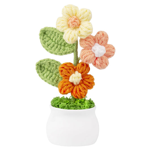 Blync Knitting Crochet Puff Flowers Potted Plants, Gradient Colorful Flowers for Friends, Family and Lover, Handmade Flowers for Home Office Decoration, Car Decoration, Valentine's Gift. (YOrange)