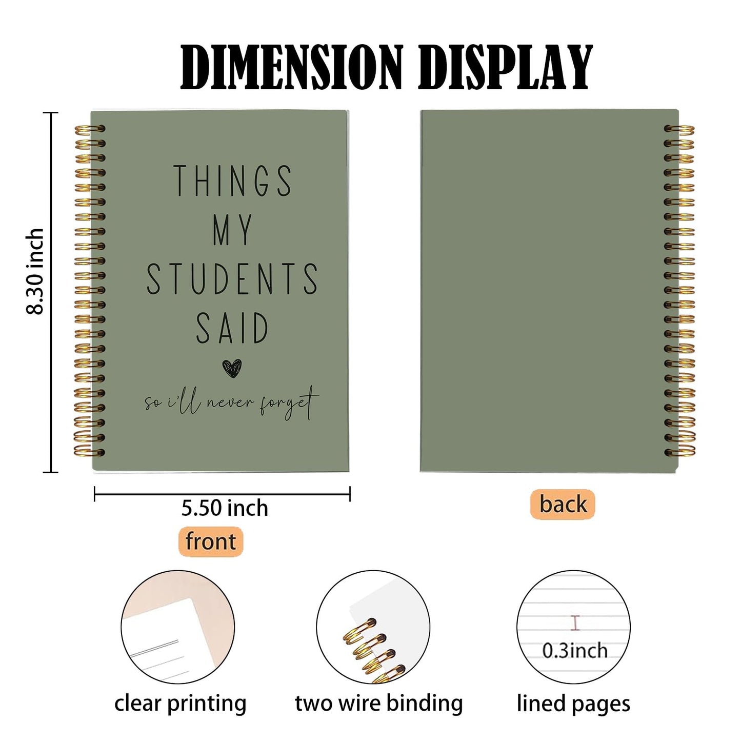 Teacher Appreciation Gift Notebook, Funny Teacher Gift, “Things My Students Said” Journal, Lined A5 Notebook 8.3 x 5.5 Inches 80 Pages, Minimalist Aesthetic Olive Green Keepsake for Teachers.