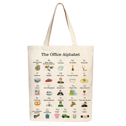 PuGez The Office Alphabet Tote Bag TV Show Merchandise Fans Kitchen Gifts Reusable Grocery Canvas Theme Presents for Office/Women/Sister, Shoulder/Travel/Work, White