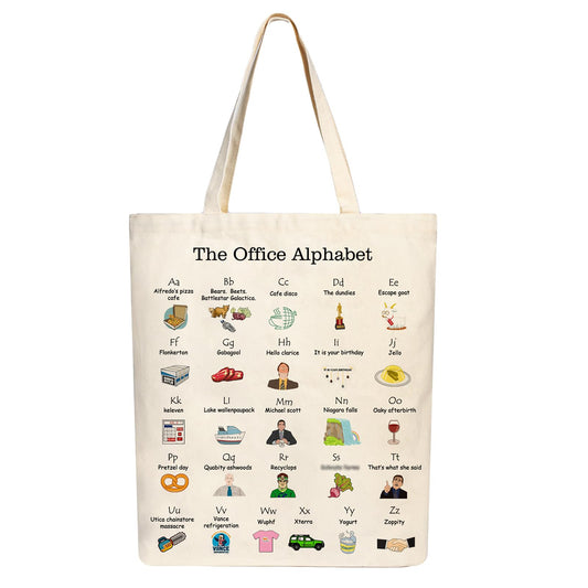 PuGez The Office Alphabet Tote Bag TV Show Merchandise Fans Kitchen Gifts Reusable Grocery Canvas Theme Presents for Office/Women/Sister, Shoulder/Travel/Work, White