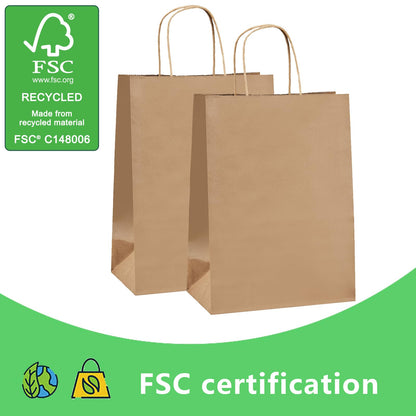 vanhel 100 Pack Brown Paper Bags with Handles,8x4.25x10.5 Inches,Gift Bags Medium Size,Gifts Bag Bulk for Festival,Birthday,Favor,Party,Shopping,Retail Merchandise.