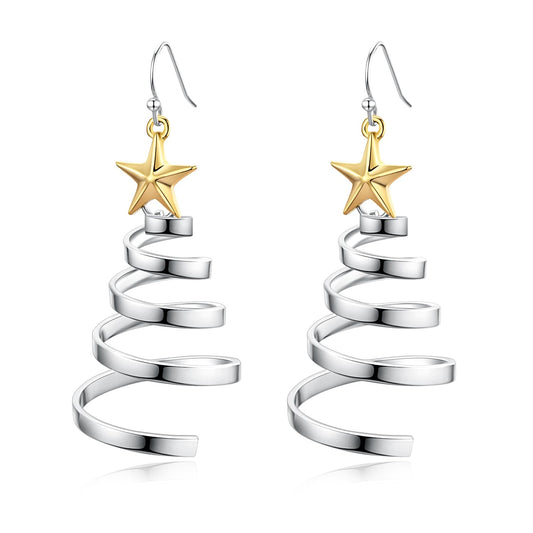 Handmade Christmas Tree Dangle Hoop Earrings Golden Silver Two Tone Women Holiday Gift, Thanksgiving Themed Earrings, Christmas Party Gift