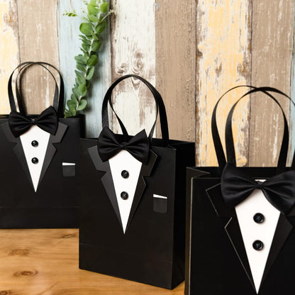 Crisky 6 Pack Classic Black 3D Tuxedo Gift Bags Real Bow Tie, Buttons for Groomsman Father's Birthday Anniversary Wedding Favor 10" x8" x4"