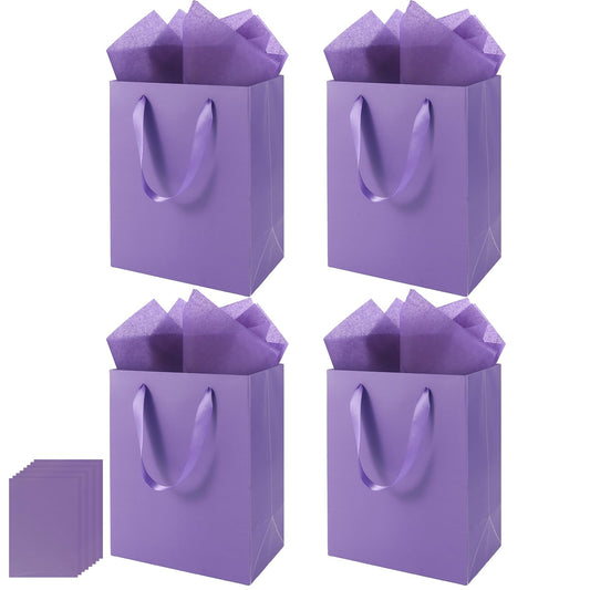 Epoesch 4 Pack Purple Gift Bags Handles and 8 Tissue Paper, Medium Size 8 X 5 X10 Inch Paper Bag for Birthday Party, Baby Shower, Wedding Favors or Mother's Day, Father's Day
