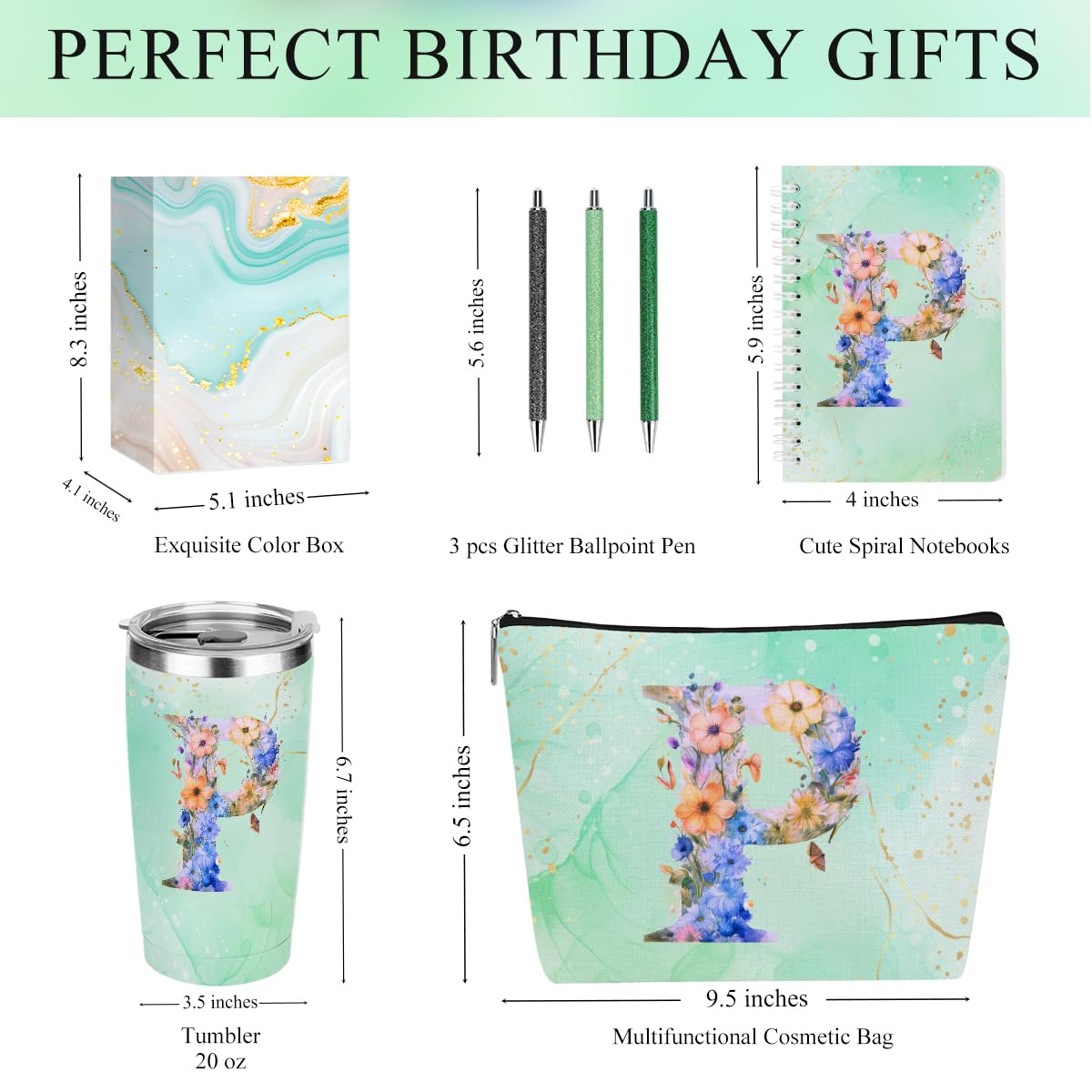 Personalized Gifts Monogrammed Birthday Gifts for Women, Mommy, Female Going Away Christmas, Initial 20 oz Tumbler, Makeup Cosmetic Bag Cup Pens Journal Notebook 6 Set, (Aesthetic Green Flower P)