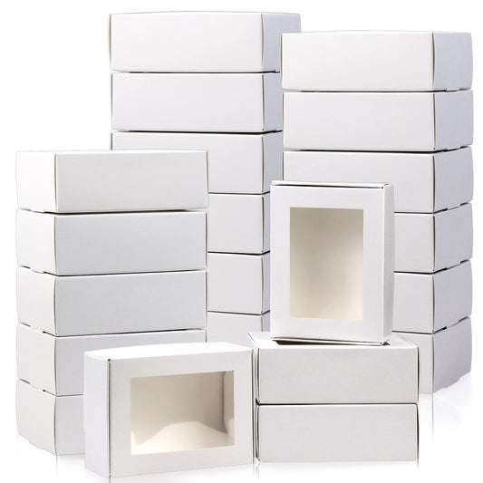 BadenBach 50 PCS Mini Kraft Boxes with Windows,3.33" x 2.35" x 1.18",Small Soap Box for Homemade Soap,Paper Small Gift Boxes Bulk for Candy Cookies Party Favors Mother's Day Supplies(White)