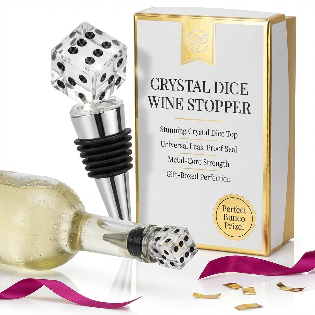 Crystal Dice Wine Stopper - Perfect Bunco Party Gift, Prize or Bunco Party Favors for the Entire Group.