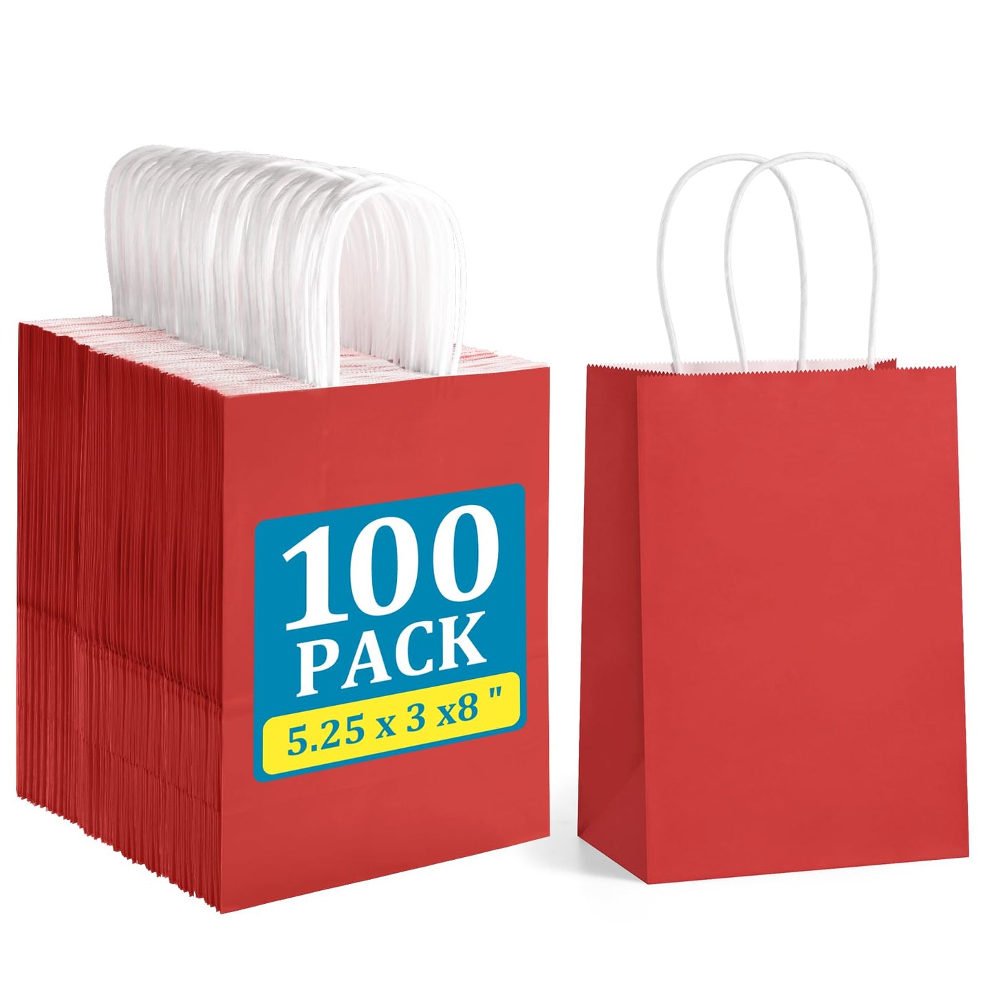 BagDream 5.25x3x8 Inch 100Pcs Small Gift Bags with Handles Red Kraft Paper Bags Bulk for Christmas, Wedding, Party Favors, Business, Retail, Grocery Paper Sacks