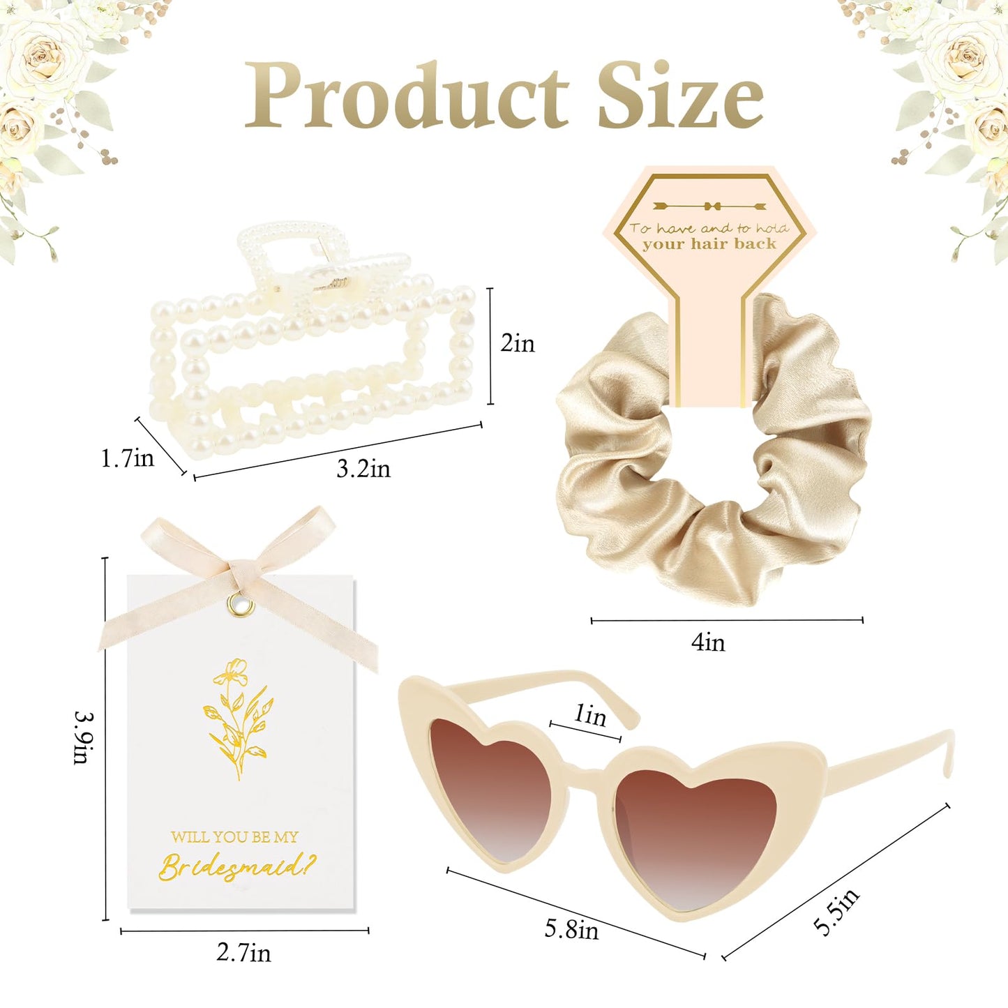 Bridesmaid Proposal Gift Set, 4PCS Satin Scrunchie, Pearl Hair Clip, Heart Shaped Sunglasses & Will You Be My Bridesmaid Card, Bridesmaids Gifts for Wedding Day and Bridal Shower (Champagne Gold)