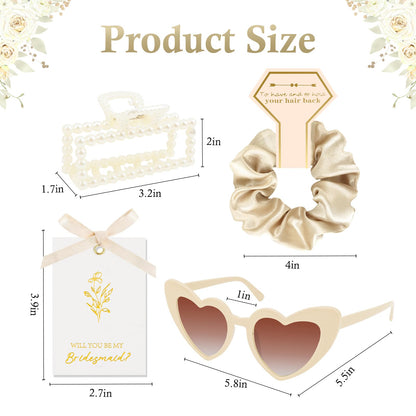 Bridesmaid Proposal Gift Set, 4PCS Satin Scrunchie, Pearl Hair Clip, Heart Shaped Sunglasses & Will You Be My Bridesmaid Card, Bridesmaids Gifts for Wedding Day and Bridal Shower (Champagne Gold)