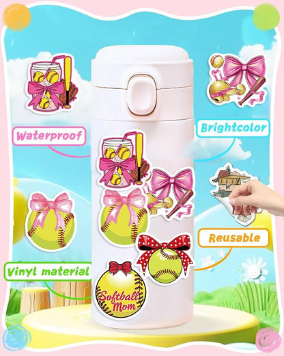 50PCS Pink Coquettte Bows Softball Stickers, Cute Motivational Vinyl Waterproof Stickers for Water Bottles,Helmets, Luggage, Teaching Incentives, Softball Gifts for Girls Kids, Teens and Adults