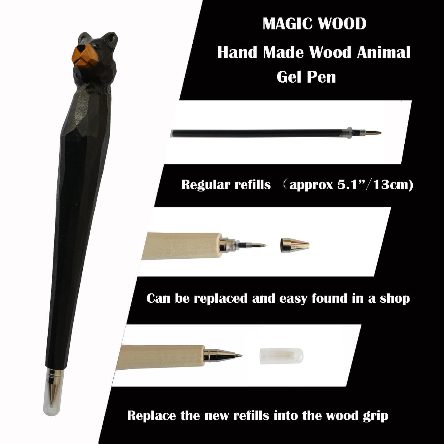 LongJT 2PCS Wood Carved Animal Gel Pen 100% Handmade and handpaited Cute Stationary Supply Office Supply Fun Novelty Writing Pen Unique Gift for Animal (Black Bear)