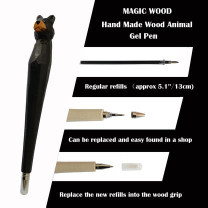 LongJT 2PCS Wood Carved Animal Gel Pen 100% Handmade and handpaited Cute Stationary Supply Office Supply Fun Novelty Writing Pen Unique Gift for Animal (Black Bear)