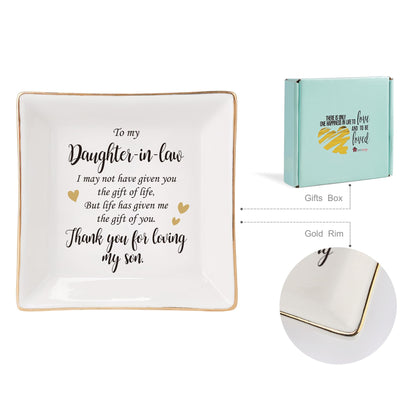 HOME SMILE Mothers Day Gifts for Daughter in Law Ceramic Ring Jewelry Dish Tray Plate for Birthday Christmas Valentines Wedding-Thank You for Loving My Son