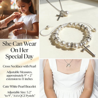 First Communion Gifts for Girls - 1st Holy Communion Gift with Prayerful Girl Figurine, Keepsake Box & Pearl Bracelet - Religious Keepsake Gift for Girls