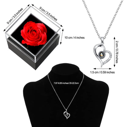 Hicarer Mother's Day Necklace Gift for Girlfriend Women I Love You in 100 Languages Projection Necklace Heart Pendant with Preserved Red Rose Flower in Box for Mom Mama Wife on Anniversary