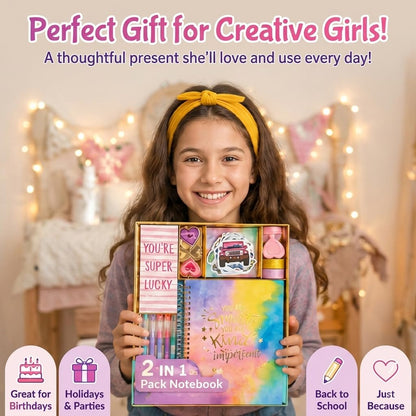 OIHEW 100+ Pcs DIY Journal Kit for Teen Girls - Scrapbook Supplies & Aesthetic Stationary Set with 2 Spiral Notebooks, Stickers, Glitter Pens - Arts and Crafts Birthday Gift for Tweens Girls Age 8-12+