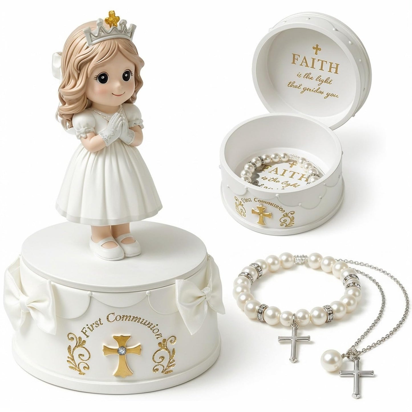 First Communion Gifts for Girls - 1st Holy Communion Gift with Prayerful Girl Figurine, Keepsake Box & Pearl Bracelet - Religious Keepsake Gift for Girls