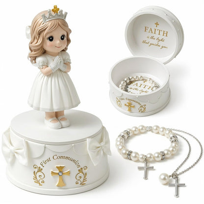 First Communion Gifts for Girls - 1st Holy Communion Gift with Prayerful Girl Figurine, Keepsake Box & Pearl Bracelet - Religious Keepsake Gift for Girls