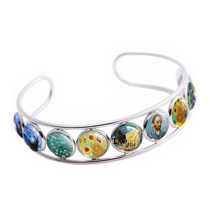 Mariiearly Van Gogh Art Pattern Bracelet；Vincent Van Gogh Starry Night Jewelry Sunflower Bracelet Almond Branch Blooming Bracelets Stained Glass Cuff Bracelets Jewelry Gifts For Artists Women
