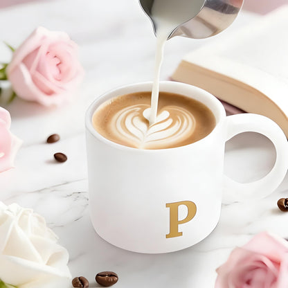 RainVibe Elegant Gift Set for Women – Personalized Monogram Ceramic Mug & Jewelry Tray – 12 oz Gold-Initial Coffee Cup with Gift Box, 4.75" Decorative Dish for Rings, Earrings, Keys (Letter P)