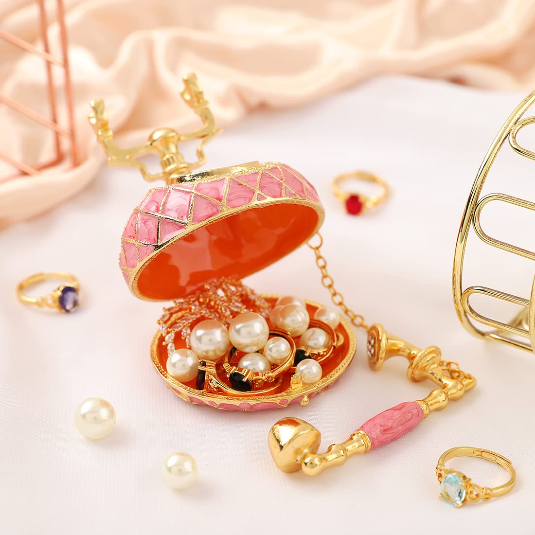 QIFU Hand Painted Small Pink Telephone Figurine Trinket Box Hinged Unique Gift for Family