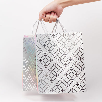 ZJHiome Gift Bag for Presents 4 Pack 9'' Sliver Medium Size Bag with Tissue Paper Marble Pattern Gift Bag with Handle for Christmas Shopping Birthday Wedding Party (Silver)