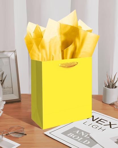 qiqee 10PCS Bright Yellow Mini Gift Bags with Tissue Paper Handles 6.3"x4.7"x2.4" Small Size Present Party Favor Bags（ Tissue Paper ）