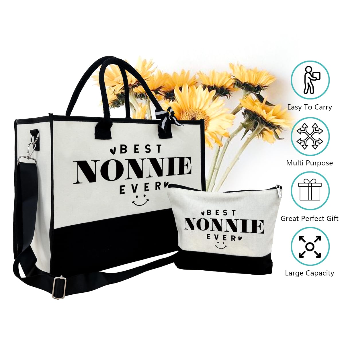 SUSZDOU Nonnie Beach Tote, Canvas Bag with Zipper, Mother's Day Present, Includes Make Up Bag