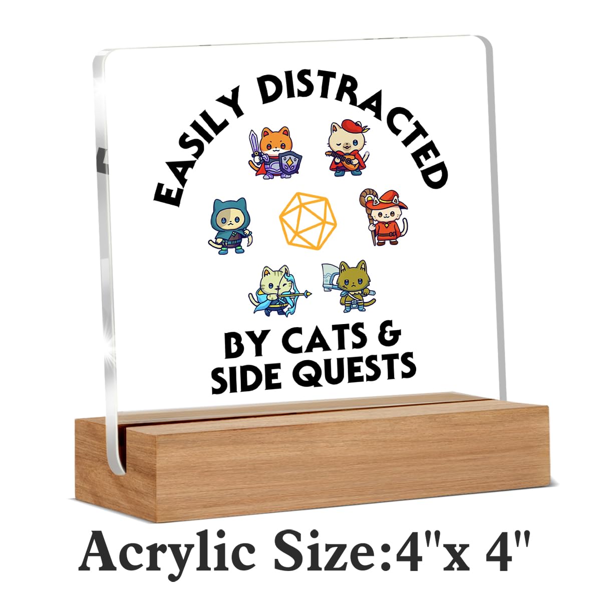 Funny DND Gifts for RPG Gamers, Dungeon and Dragon Gift, Nerdy Gifts for Men Women Gamers, Cats & Side Quest Acrylic Desk Signs Decor 4 × 4 Inches