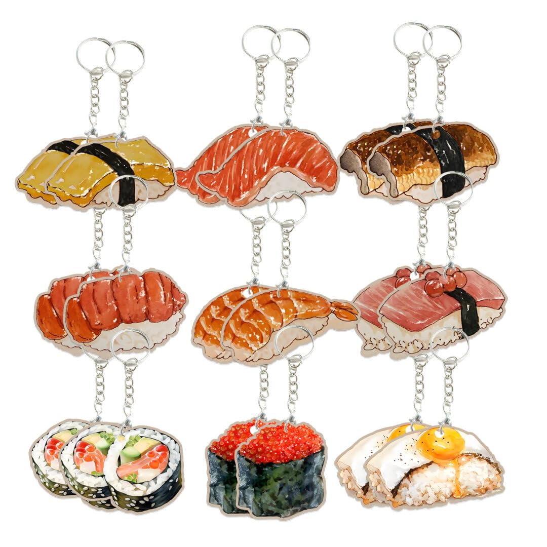 18 Pack Sushi Keychains Japanese Kawaii Fake Food Trinkets - Acrylic Yummy Sushi Keychain Gift Perfect For Lover Accessories,Asian Food Charm Decor, Purse Bag Decoration, Keychain Gift Set