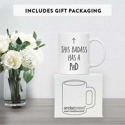 Andaz Press 11oz. PhD Graduation Coffee Mug Gift, This Badass Has A PhD, Arrow Graphic, 1-Pack, Includes Gift Box, Cups For Graduate School Students Of Class Of 2026, Grad Diploma PhD Mug